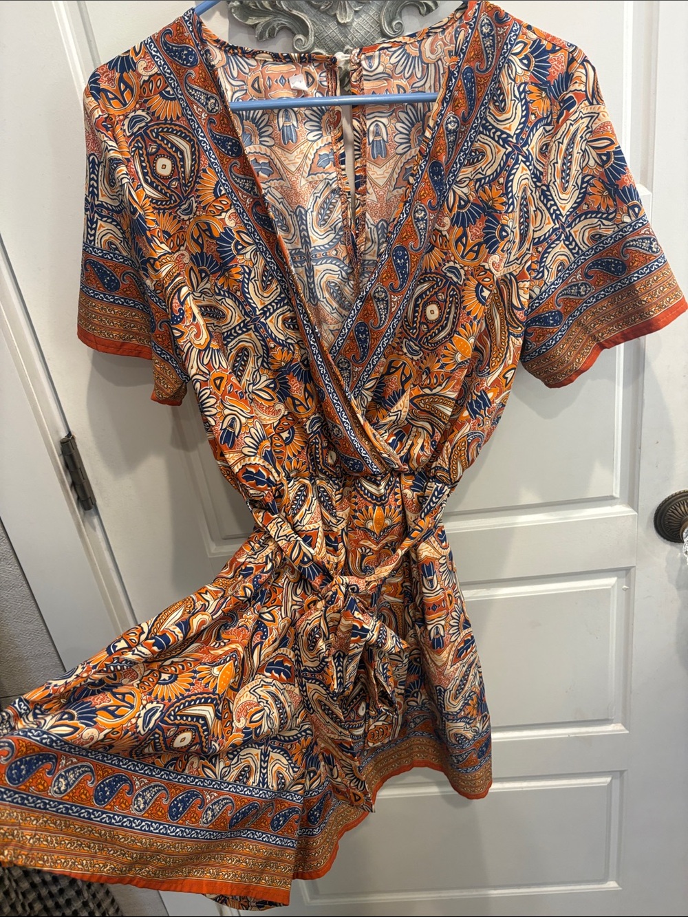 Boho Wrap romper in Orange Paisley